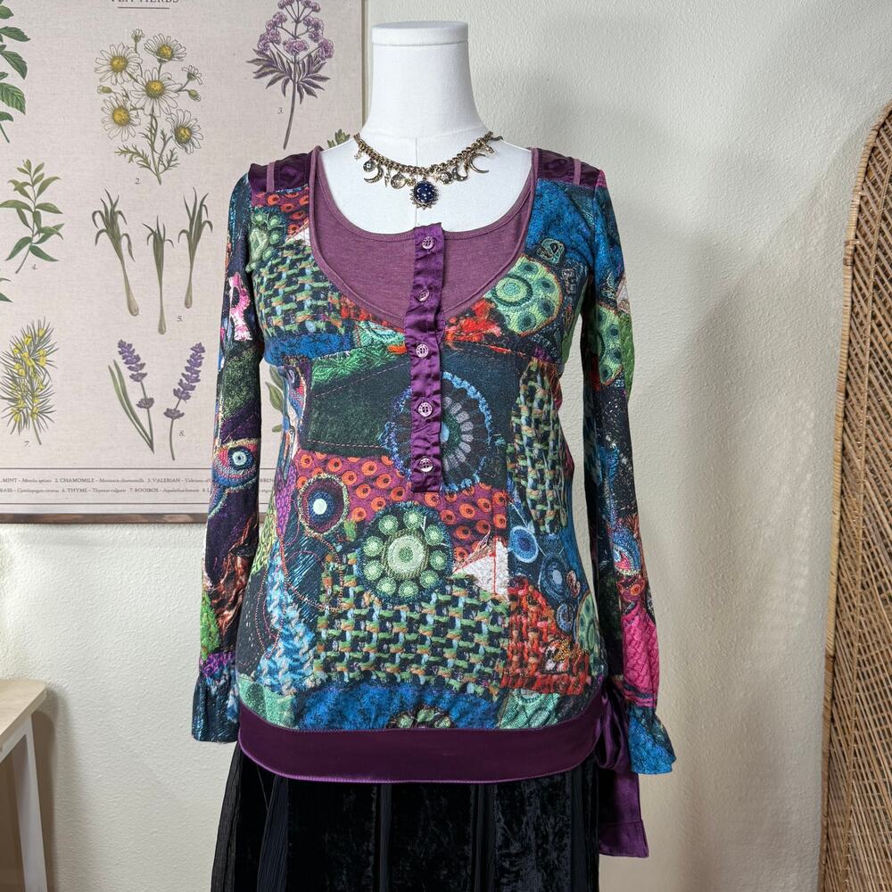 Desigual Graphic Print Tie Henley Top Whimsigoth Whimsy Twee Y2k Fairy Grunge M